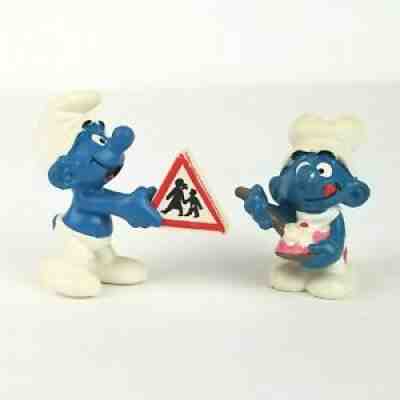 Vintage 1980's Greedy Baker Cake Smurf & Traffic Sign Smurf PVC Figure Lot Peyo