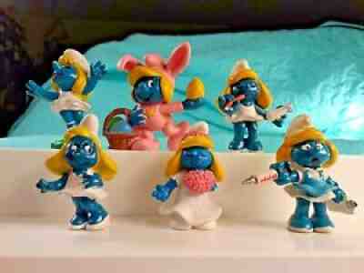 6 Vintage SMURFETTES PVC Figurines 1978-1991 Easter Bunny Nurse Bride SMURFS