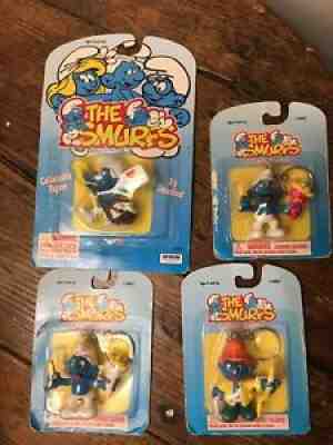 Smurfs VTG 90â??s Schleich Toy Keychain Lot Of 4- RARE!