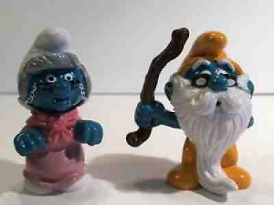 Vintage Peyo PVC 20408 20226 GRANDPA & GRANDMA Smurf Grandfather Set NOS