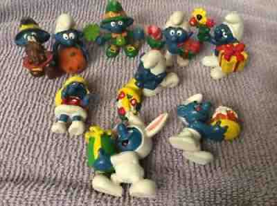 Vintage Holiday Smurfs 1970s/80s- 9 in Lot- Thanksgiv Christmas Easter St Pats