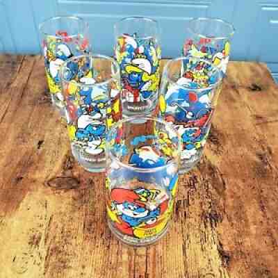 Vintage 1983 Set Of 6 Set Peyco Hardees Smurf Birthday Party Glasses Glassware