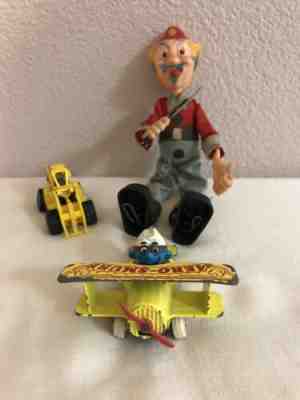 Vintage ERTL 1982 Aero-Smurf Airplane + Hot Wheels Excavator + Firefighter HK