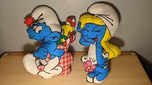 Vintage Smurf Smurfette Smurfs Plush Stuffed Hand Sewn Pillow Doll 80's Lot of 2