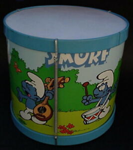 Vtg Large Ohio Art Metal Peyo 1982 SMURF DRUM w/ Instrument Trumpet Cymbals Rare