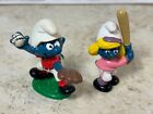 Vtg Smurf Figurines Baseball Pitcher Smurf and Baseball Batter Smurfette 1980's