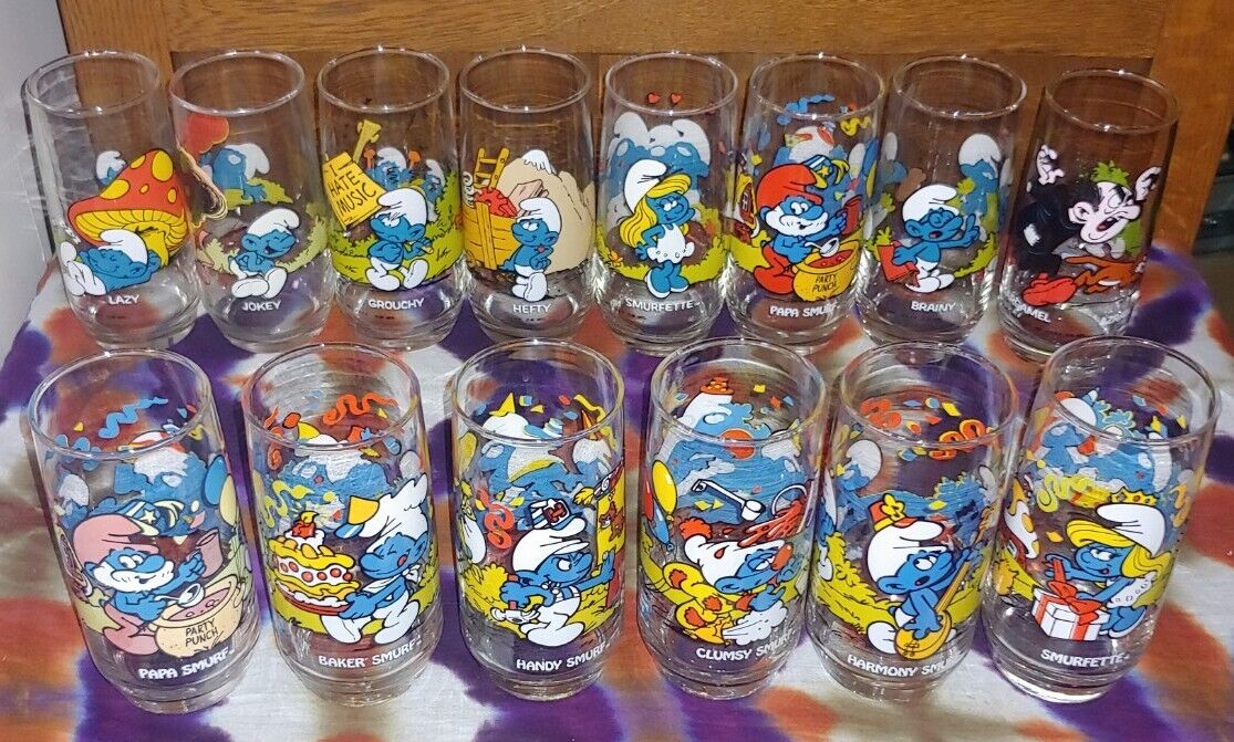 Smurfs Village Vintage Glasses Complete Set Of 14 1982 (8) 1983 (6) Papa Smurf +