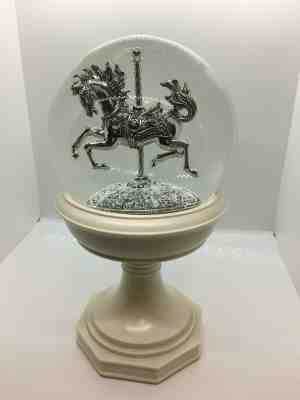 Snow Globe Stunning Beautiful Silver Carousel Horse White Pedestal Base EUC