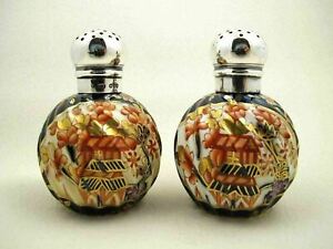 SAMPSON MORDAN Sterling & SPODE English Imari Porcelain Salt Pepper Shakers 1888