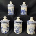 5 Vtg Spode Blue Room Archival Spice Jars Lids, Bay Mint Parsley Sage Thyme