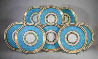 Mintons Turquoise Pate-Sur-Pate with Hand Painted Flowers . Set Of 8