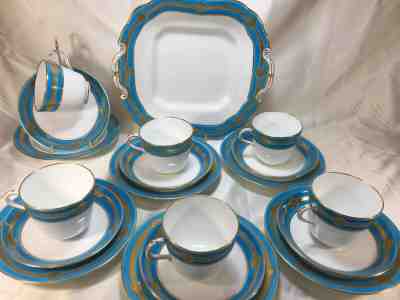 (19 Pcs) c.1870  Minton Turquoise & Gold Encrusted 6 TRIOS + CAKE PLATE #A7644