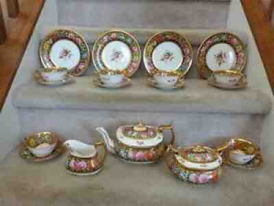 ANTIQUE Tea Set Spode's Copeland B233 Hand Painted Polychrome Flowers & Gold