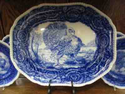 RARE Spode Copeland Flow Blue Turkey Platter & 24 Plates! RARE 9 1/4