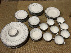 Spode Fleur de Lys Grey Y7515 Platinum Trim 62 Pieces Full 8 Piece Service Mint