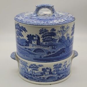 Staffordshire Spode Blue Tower Bread Dough Proofing Bin Box w. Dome Lid Ca. 1820