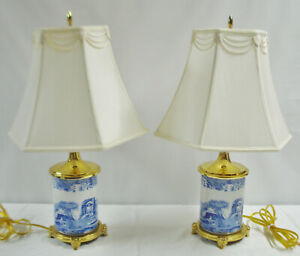 Pr Spode England Blue Italian Canister Table Lamps 2 Porcelain Brass Camilla