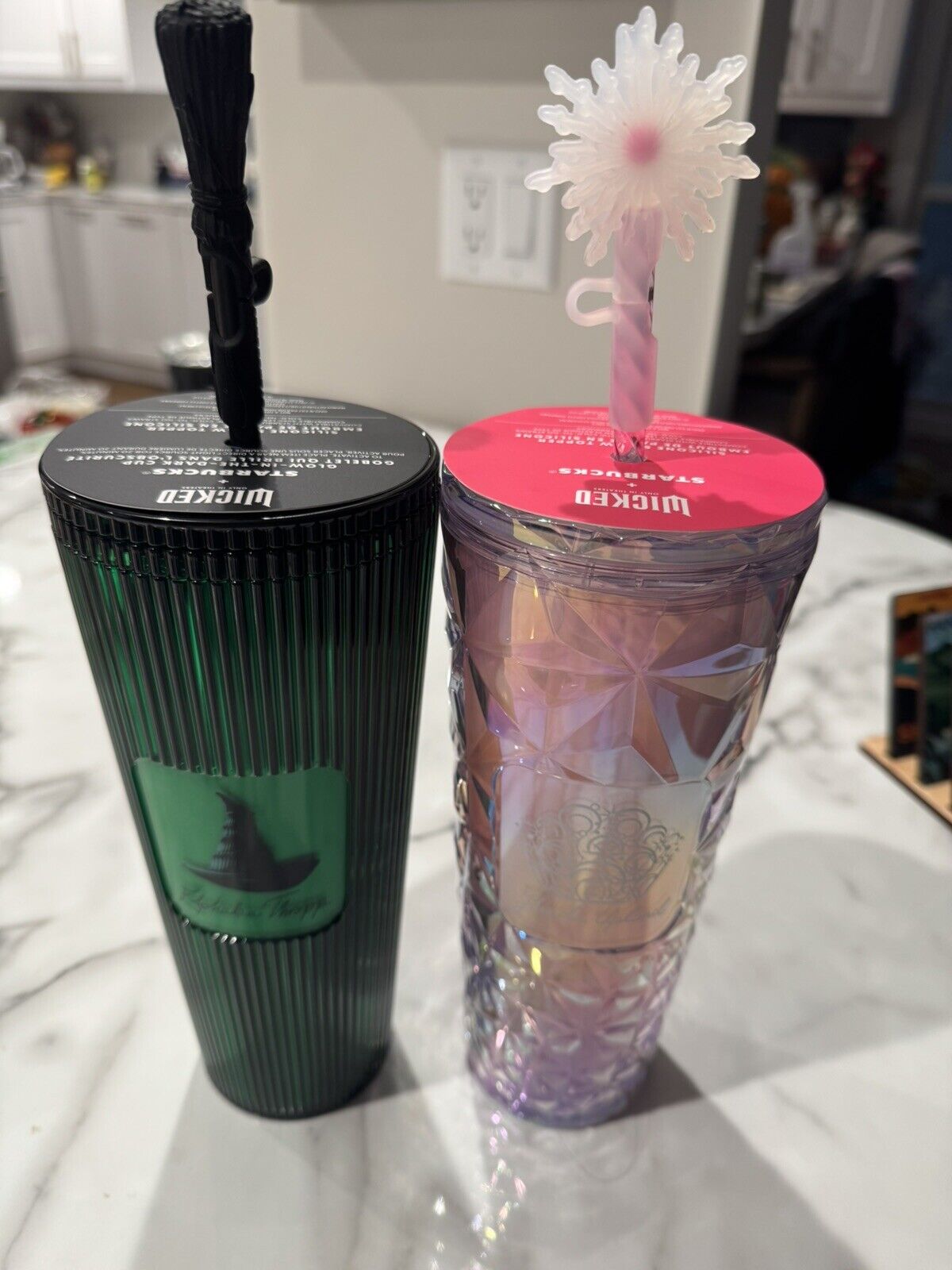 GLINDA & ELPHABA Wicked Starbucks Cup With Wand Straw Topper SET OF 2 - Sold on eBay December 11th, 2024 for $145.99