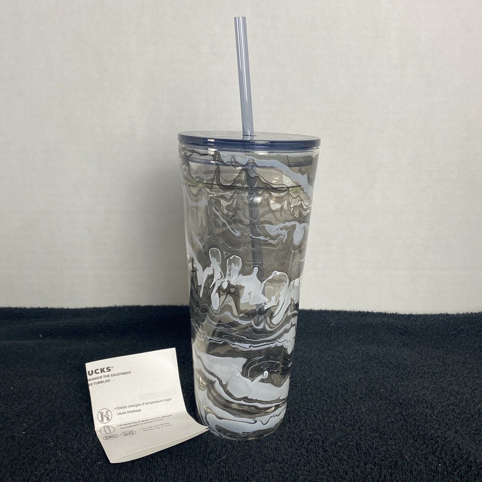 Starbucks Tumbler Cup Glass Cold Lid Straw 20 oz Black Marble Swirl 2017 RARE - Sold on eBay December 18th, 2024 for $89.95
