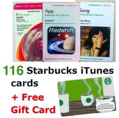 116 STARBUCKS iTUNES CARDS FROM MEXICO - PICK OF THE WEEK. Hard to Find. BIG LOT - Sold on eBay Oct, 26th 2018 for $9.99