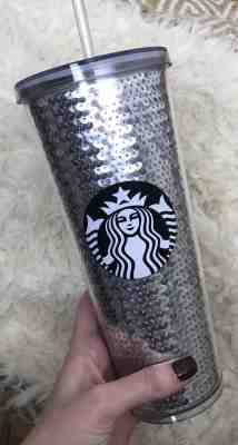 NEW Starbucks 2017 Holiday Silver Sequin 24 Oz Cold Tumbler Cup Limited Edition - Sold on eBay Oct, 22nd 2018 for $24.99