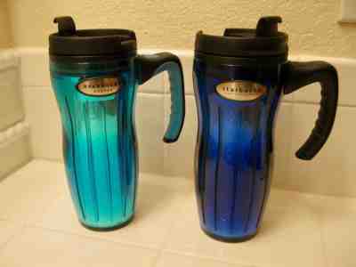 2 Starbucks Travel Mugs Tumbler Handles Barista 2002  Blue & Turquoise 16 oz  - Sold on eBay Oct, 18th 2018 for $10.00