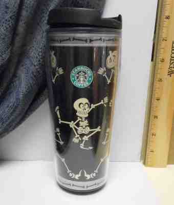 Starbucks Halloween Black White Dancing Skeleton Bones Thermos Tumbler Cup 2002 - Sold on eBay Oct, 12th 2018 for $19.95
