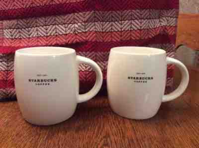 TWO Starbucks White Black Est 1971 Coffee Barrel Mug 14 oz 2008 - Sold on eBay Oct, 7th 2018 for $20.00