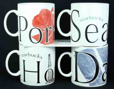 Lot of (4) Starbucks City Mugs - 1994 - Dallas, Houston, Seattle, Portland 20 oz - Sold on eBay Oct, 17th 2018 for $39.99