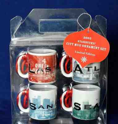 Starbucks 2003 City Mug Ornament Set Seattle Las Vegas Atlanta San Diego NIB - Sold on eBay Nov, 4th 2018 for $24.99