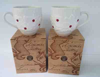Starbucks 2004 Christmas Holiday 16 oz Mugs Set of 2 White Poinsettia Red Berry - Sold on eBay Nov, 16th 2018 for $17.99