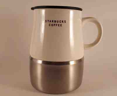 STARBUCKS 2004 TRAVEL MUG URBAN DESK SERIES WHITE CERAMIC & STAINLESS STEEL - Sold on eBay Nov, 2nd 2018 for $14.95