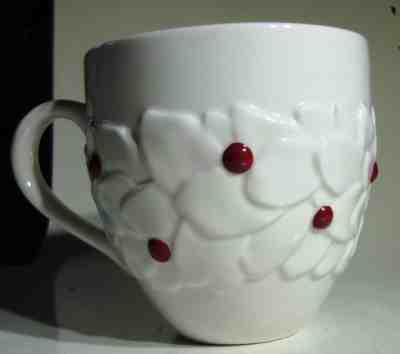 Starbucks Coffee Mug 16 FL Oz Cup White Raised Design Red Berries Holiday 2004  - Sold on eBay Oct, 28th 2018 for $15.48