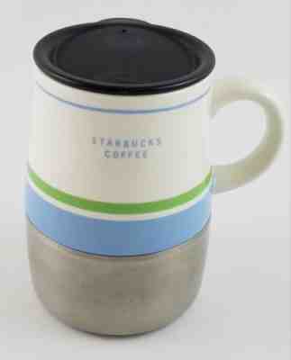 Starbucks 2005 Ceramic Stainless Blue Green Stripe Coffee Cup Travel Mug Lid EUC - Sold on eBay Oct, 30th 2018 for $21.95