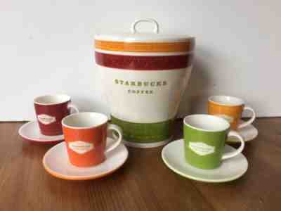 Starbucks Coffee Jar Canister w/ 4 Matching 3 oz Mugs Red Green Orange 2005 - Sold on eBay Oct, 28th 2018 for $38.99