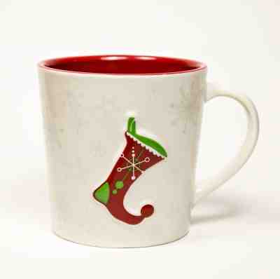 Starbucks 2006 Coffee Mug Christmas Holiday Stocking Snowflakes White Red Center - Sold on eBay Nov, 15th 2018 for $9.99