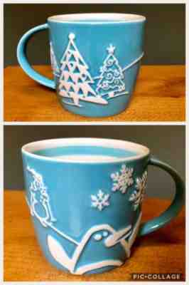 Starbucks 2007 Holiday Mug Cup Blue Snowman Penguin Christmas Trees Snowflakes - Sold on eBay Nov, 11th 2018 for $14.96