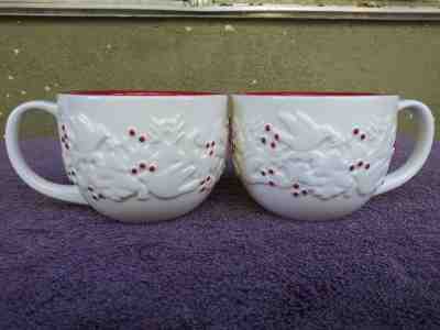 2 - 2008 Starbucks Christmas Coffee Mugs Doves Holly Berries Reindeer 12 oz - Sold on eBay Nov, 17th 2018 for $24.00
