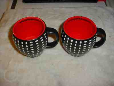 2 Starbucks 2008 Curvy Black White Raised Polka Dot Red Lined Mug Cup - Sold on eBay Nov, 15th 2018 for $13.99