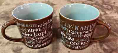 Starbucks Set of 2 Coffee Mug Cup 2008 Brown Ceramic Blue 16oz World Languages  - Sold on eBay Nov, 14th 2018 for $12.95