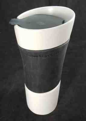 Starbucks Coffee 2009 White Black Rubber Grip Ceramic Travel Mug Traveler 14oz - Sold on eBay Nov, 12th 2018 for $34.95