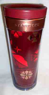 2013 Starbucks Red Copper Snowflake Travel Tumbler Plastic Coffee Mug 12 oz - Sold on eBay Nov, 17th 2018 for $9.00