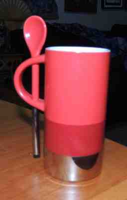 STARBUCKS 2014 Espresso Verismo Red & Silver Stripe 8 oz Coffee Mug Cup w/ Spoon - Sold on eBay Nov, 16th 2018 for $9.99