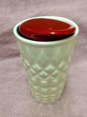 Starbucks 2014 White Ceramic Quilted Embossed Travel Mug  Red Lid 10 Oz NEW  - Sold on eBay Nov, 11th 2018 for $24.99