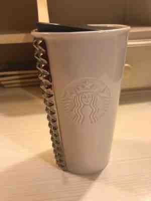 Starbucks White Double Wall 10 oz.Silver Studded Travel Mug-2014 - Sold on eBay Nov, 10th 2018 for $8.00