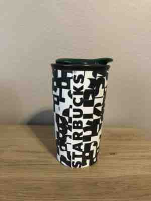 2014 Starbucks 10oz Black White Letters Ceramic Travel Coffee Mug Cup Rubber Lid - Sold on eBay Nov, 10th 2018 for $8.99