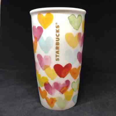 Starbucks Watercolor Hearts Travel Coffee Tumbler 2015 Ceramic 10oz Lid Mug Cup - Sold on eBay Nov, 13th 2018 for $23.00