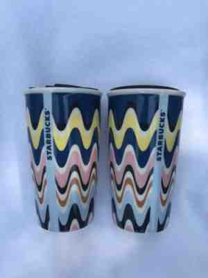 2 STARBUCKS 2017 WAVE SWIRL ZIG ZAG BLUE TRAVEL MUG CERAMIC TUMBLER 12 FL OZ - Sold on eBay Nov, 17th 2018 for $24.95
