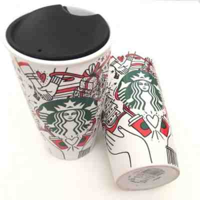Starbucks Christmas Holiday Set Of 2 Holiday 2017 Ceramic To Go Tumbler Mug - Sold on eBay Nov, 9th 2018 for $30.00