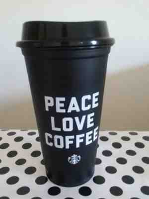 STARBUCKS PEACE LOVE COFFEE 2018 Black Reusable 16oz Coffee Cup Mug Plastic - Sold on eBay Nov, 17th 2018 for $8.77